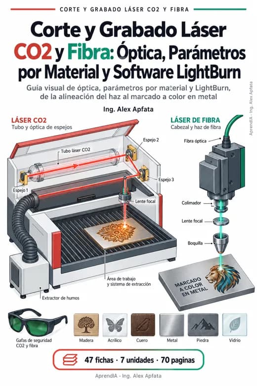Corte y Grabado Láser CO2 y Fibra: Óptica, Parámetros por Material y Software LightBurn
