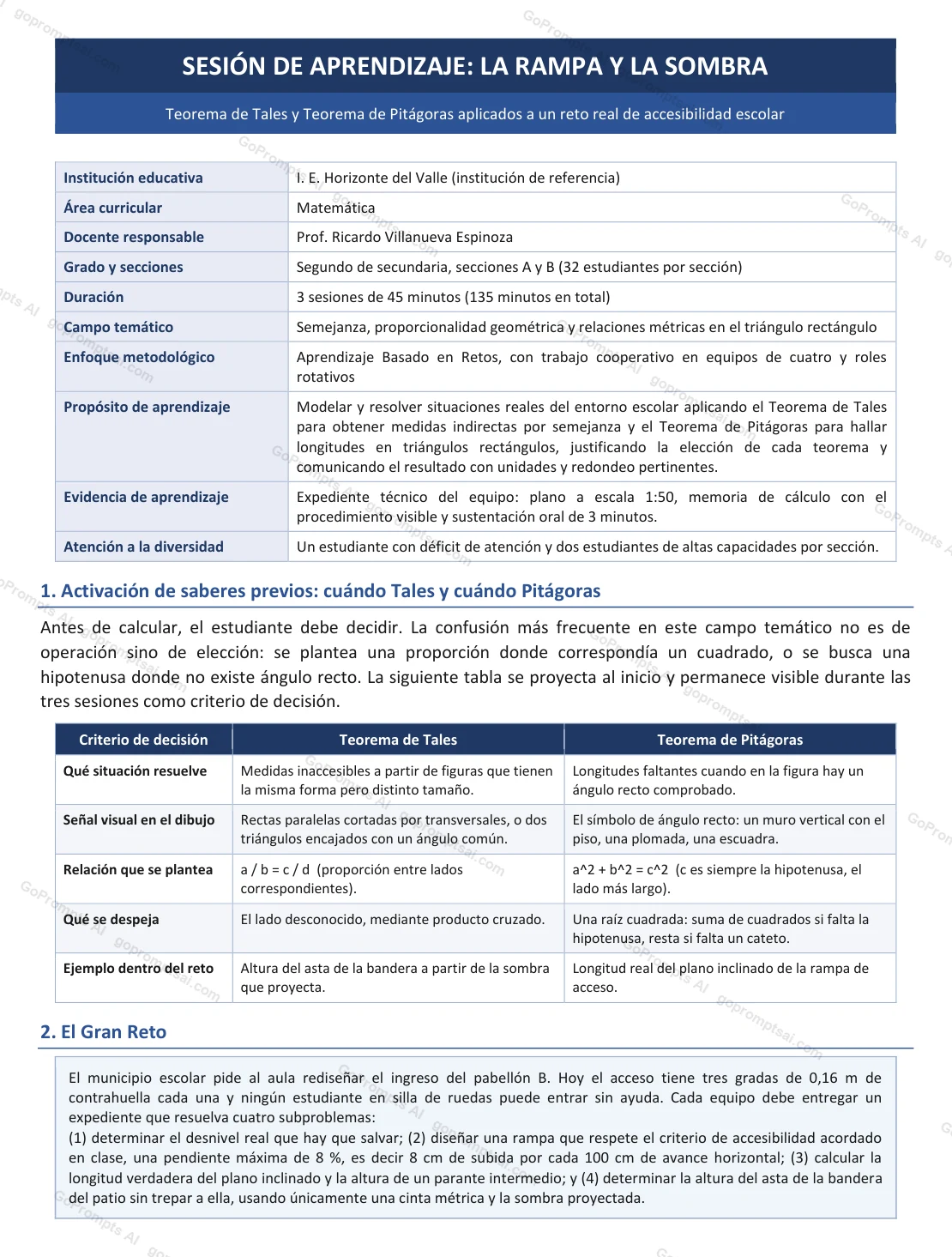 Sesión de aprendizaje con propósito y saberes previos