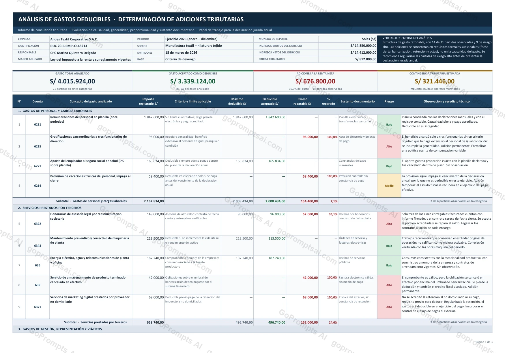 Matriz de gastos deducibles con reparos y contingencia