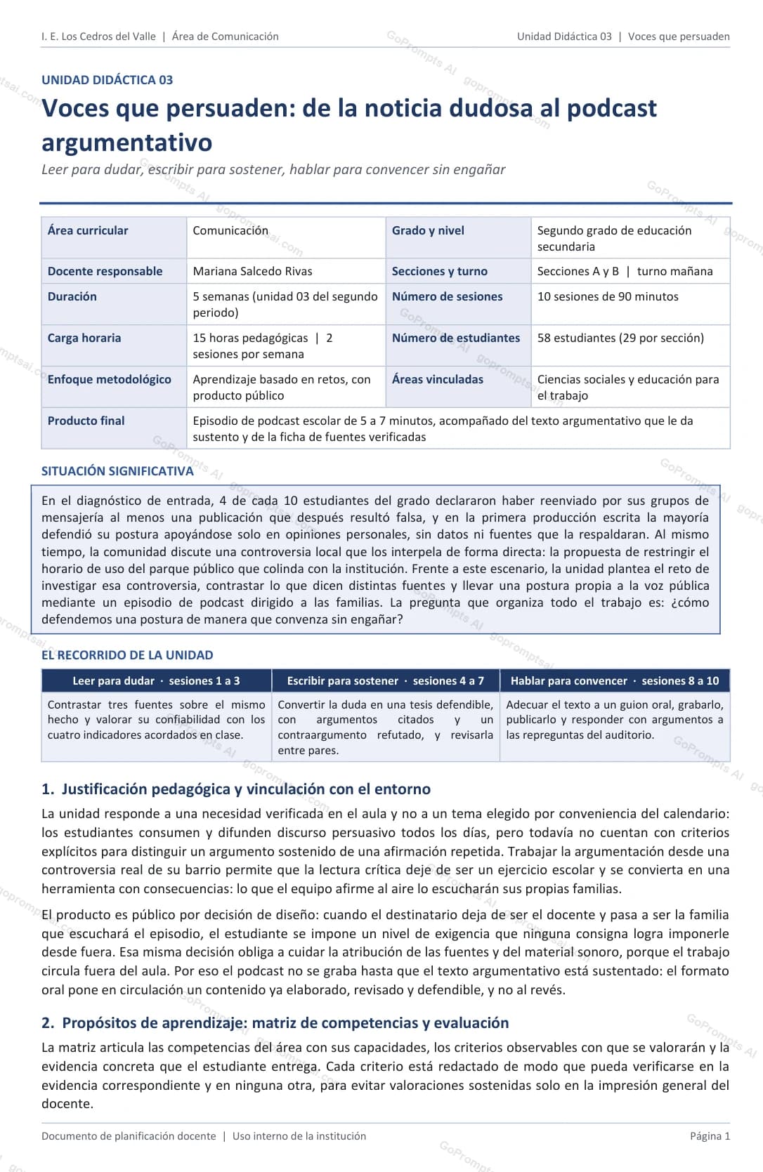 Unidad didáctica con situación significativa y propósitos